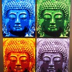 Four Buddha paintings: blue, green, orange and purple