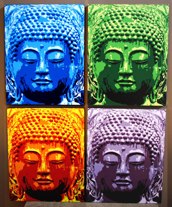 Four Buddha paintings: blue, green, orange and purple